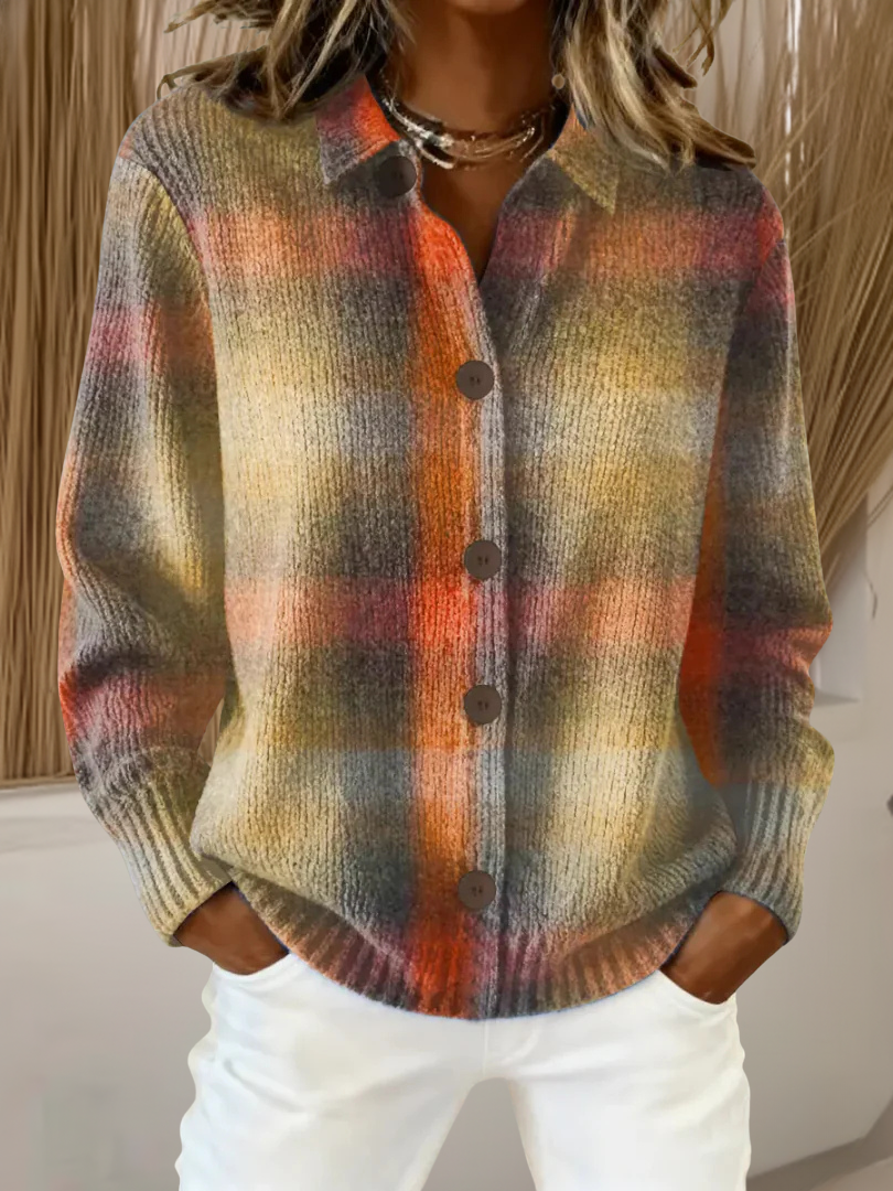 Rhoda | Karo-Strickjacke in Orange und Grau