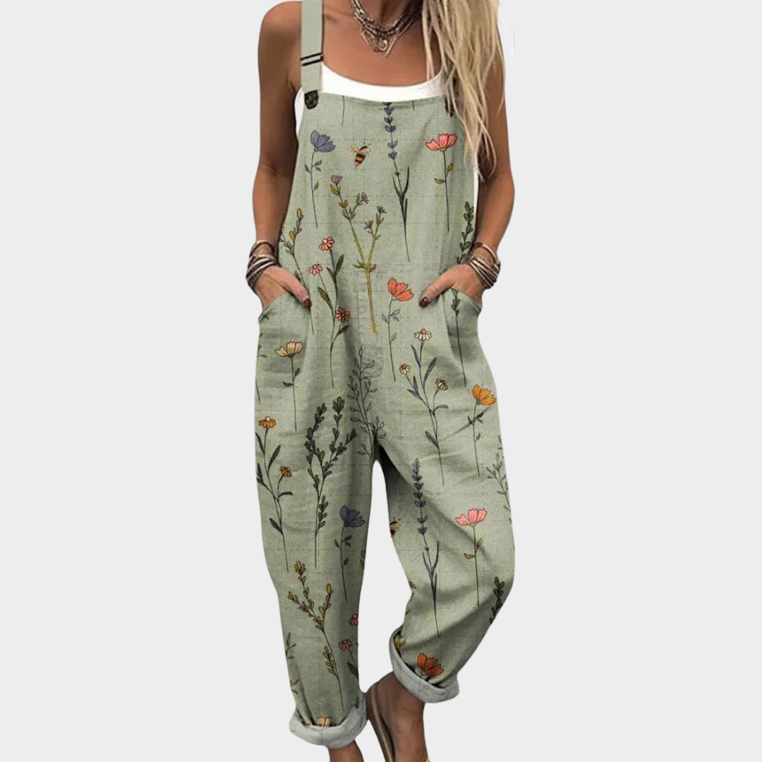 Salbeigrüne Latzhose mit Wildblumen