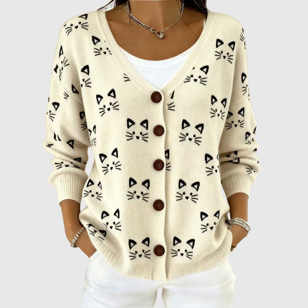Cremefarbener Cardigan mit Katzenmuster – Strickjacke von Hanna Hamburg