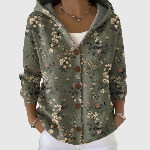 Olivgrüne Blumen-Kapuzenjacke mit Knopfleiste – Strickjacke von Hanna Hamburg