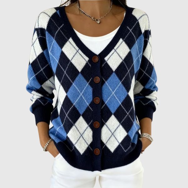 Blau-weißer Cardigan mit Argyle-Muster – Strickjacke von Hanna Hamburg