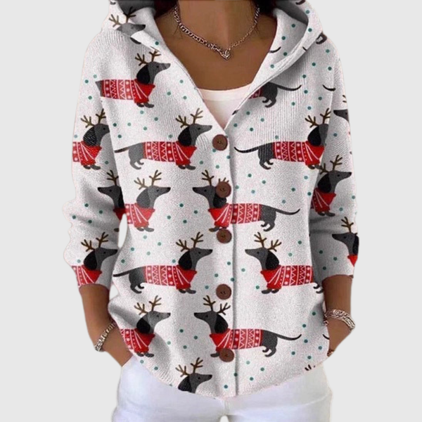 Weiße Hemdjacke mit Dackel-Print und Kapuze – Strickjacke von Hanna Hamburg