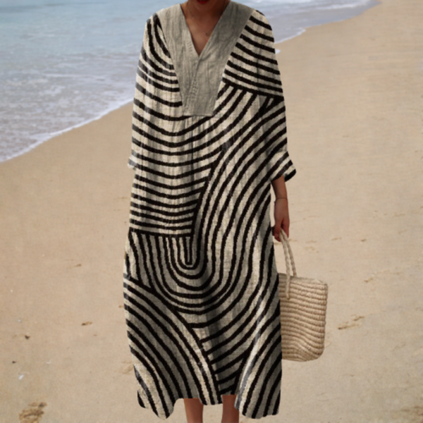 Beige-schwarzes Strandkleid mit Wellenstreifen von Hanna Hamburg