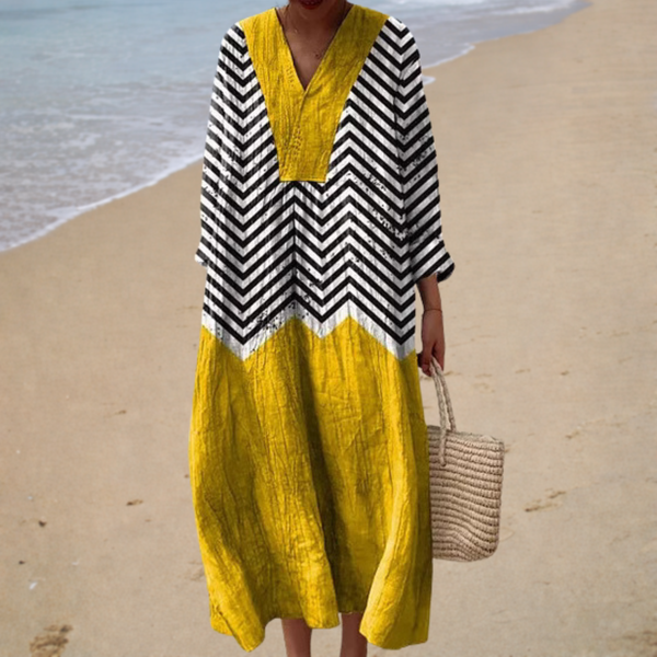 Gelbes Leinen-Strandkleid mit Zickzackmuster von Hanna Hamburg