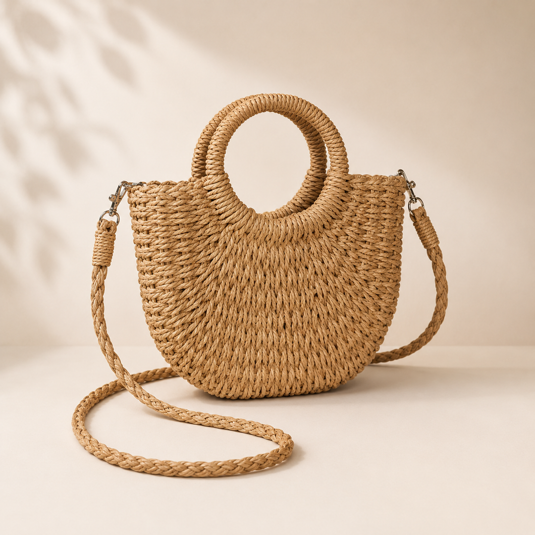 Friedelinde, Halbmond-Umhängetasche aus Rattan, von Hanna Hamburg