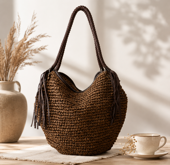 Berthild, Hobo-Shopper mit Quasten in Braun, von Hanna Hamburg