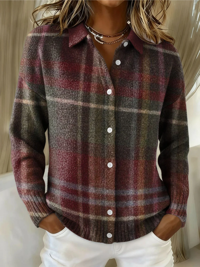Eleanor | Karo-Strickjacke in Bordeaux