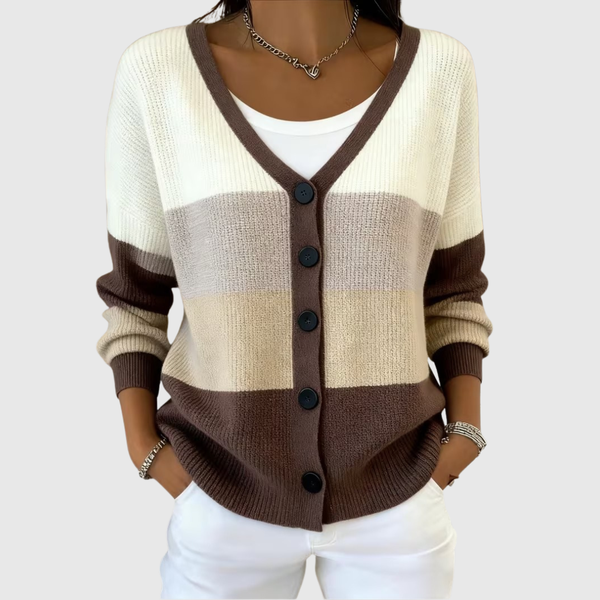 Braun-cremefarbener Colorblock-Cardigan mit Knopfleiste – Strickjacke von Hanna Hamburg
