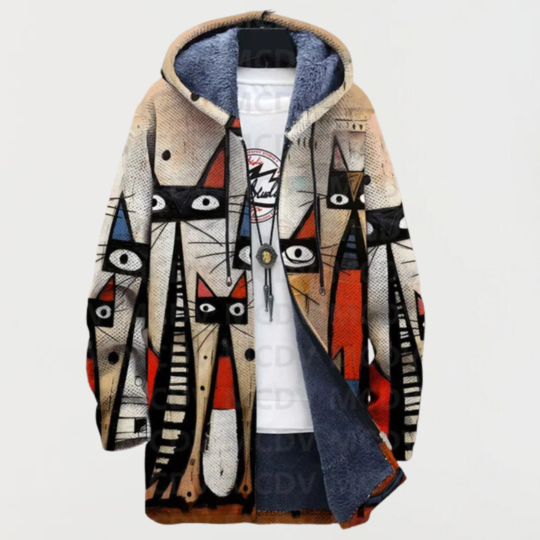Thea | Kapuzenjacke mit Katzen in Strichzeichnung