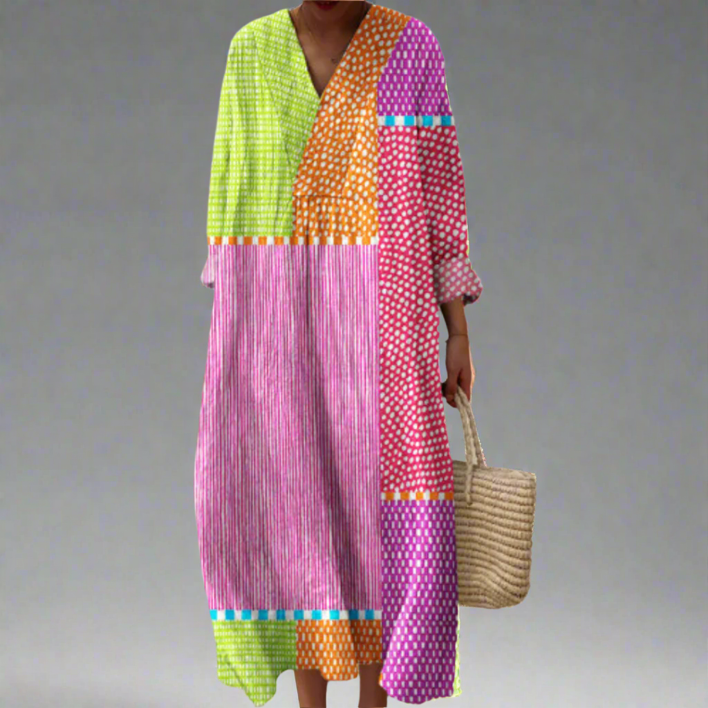 Mechthild, weites geometrisches Sommerkleid in Pink, Farbblockmuster in Pink, Limette und Orange, von Hanna Hamburg