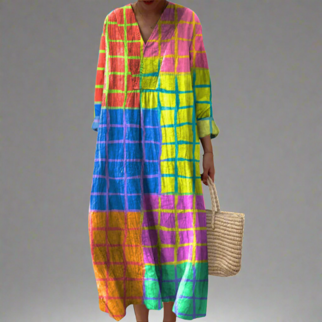 Hiltrud, weites geometrisches Sommerkleid in bunten Farben, leuchtendes Karomuster in Pink, Blau und Gelb, von Hanna Hamburg