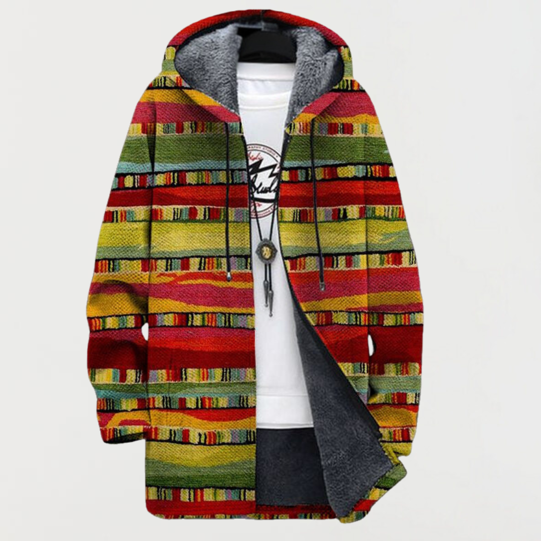 Wiebke | Kapuzen-Strickjacke mit bunten Ethnostreifen