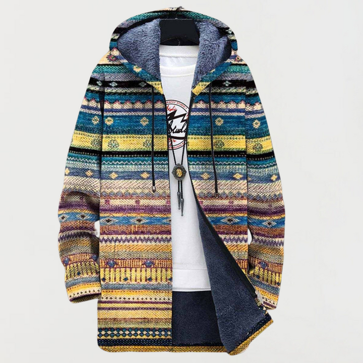 Frauke | Kapuzen-Strickjacke mit Ethnostreifen