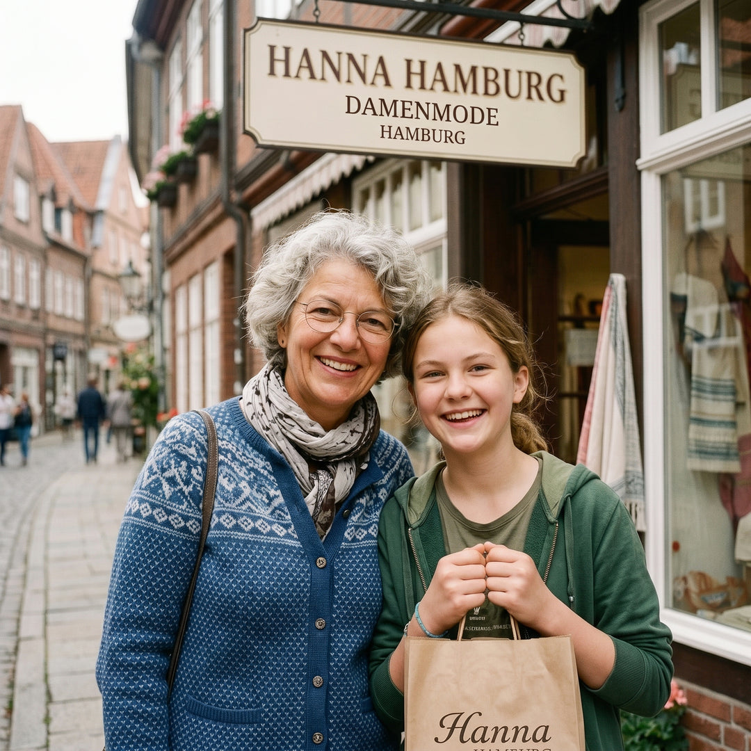 Ladenschild Hanna Hamburg Damenmode in einer Altstadtstraße