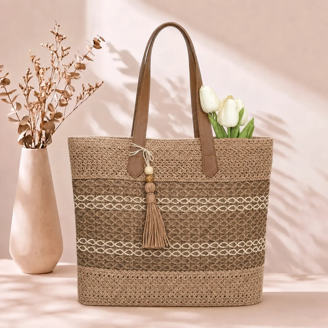 Nortrud, Boho-Shopper aus Stroh in Kaffeebraun, von Hanna Hamburg